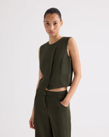 High Neck Hidden Placket Vest in Coated Viscose Linen - Rosen