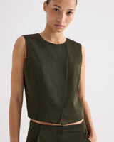 High Neck Hidden Placket Vest in Coated Viscose Linen - Rosen