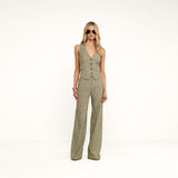 Livvy Linen-Blend Trouser - Olive Green Pinstripe