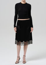 Lace Trimmed Japanese Hammered Satin Skirt - Black