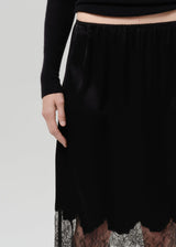 Lace Trimmed Japanese Hammered Satin Skirt - Black