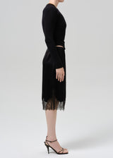 Lace Trimmed Japanese Hammered Satin Skirt - Black