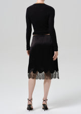 Lace Trimmed Japanese Hammered Satin Skirt - Black