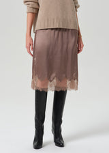 Lace Trimmed Japanese Hammered Satin Skirt - Cocoa