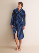 Derek Rose Aston Cotton Velour Bathrobe - Blue & Navy Stripe
