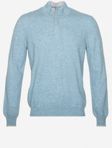 Gran Sasso Wool and Cashmere Suede Trim Quarter-Zip Sweater Blue