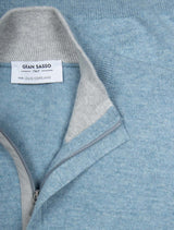 Gran Sasso Wool and Cashmere Suede Trim Quarter-Zip Sweater Blue