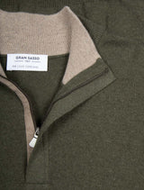 Gran Sasso Wool and Cashmere Suede Trim Quarter-Zip Sweater Dark Olive
