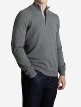 Gran Sasso Wool and Cashmere Suede Trim Quarter-Zip Sweater Grey