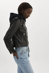 Holy Leather Biker Jacket with Removable Hood - Black
