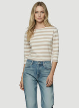 Soft Touch Semi Relaxed Three Quarter Sleeve Stripe Boatneck T-Shirt - Ecru Chine Stripe