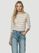 Soft Touch Semi Relaxed Three Quarter Sleeve Stripe Boatneck T-Shirt - Ecru Chine Stripe