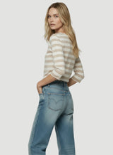 Soft Touch Semi Relaxed Three Quarter Sleeve Stripe Boatneck T-Shirt - Ecru Chine Stripe