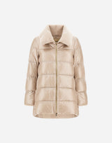 Nylon Ultralight High Low Mid Thigh Coat W Faux Fur Trim At Collar