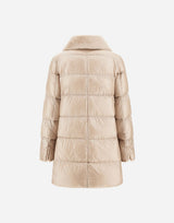 Nylon Ultralight High Low Mid Thigh Coat W Faux Fur Trim At Collar