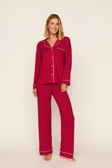Eberjey Gisele Printed Long PJ Set - Hollyberry Holly Red/Ivory
