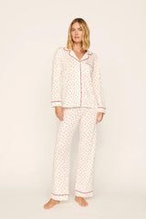 Eberjey Gisele Printed Long PJ Set - Mini Bow Ivory/Holly Red