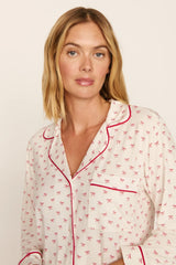 Eberjey Gisele Printed Long PJ Set - Mini Bow Ivory/Holly Red