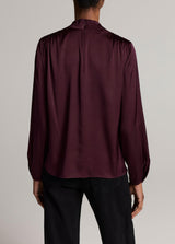 Silk-Blend Draped Cowl-Neck Long-Sleeve Top - Blackberry
