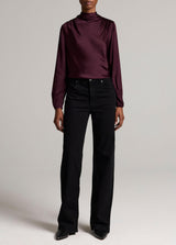 Silk-Blend Draped Cowl-Neck Long-Sleeve Top - Blackberry