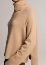 Wool-Cashmere Side-Slit Turtleneck Sweater - Camel