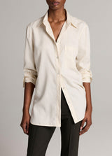 Striped Twill Button-Front Shirt - Cream/Brown