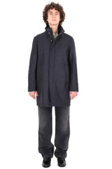 Diagonal Wool Blend Coat with Detachable Faux Fur Collar - Charcoal