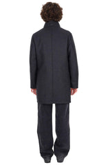 Diagonal Wool Blend Coat with Detachable Faux Fur Collar - Charcoal
