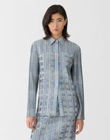 Glen Plaid Print Twill Plissé Blouse - Oxford Blue Multi