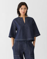 Short Sleeve Split Neck Cropped Shirt
