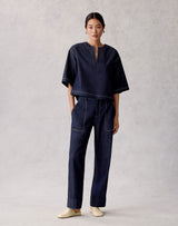 Short Sleeve Split Neck Cropped Shirt