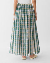 Cotton-Silk Plaid Hand Pintucked Maxi Skirt - Grass Multi