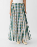 Cotton-Silk Plaid Hand Pintucked Maxi Skirt - Grass Multi
