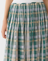 Cotton-Silk Plaid Hand Pintucked Maxi Skirt - Grass Multi
