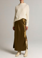 Satin Side-Slit Slip Skirt - Moss Ochre