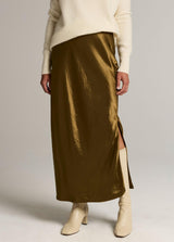 Satin Side-Slit Slip Skirt - Moss Ochre