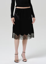 Lace Trimmed Japanese Hammered Satin Skirt - Black