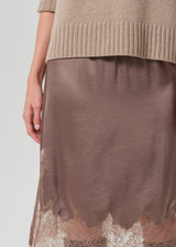 Lace Trimmed Japanese Hammered Satin Skirt - Cocoa