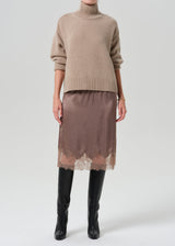 Lace Trimmed Japanese Hammered Satin Skirt - Cocoa