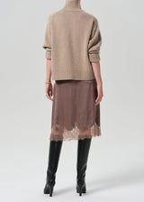 Lace Trimmed Japanese Hammered Satin Skirt - Cocoa