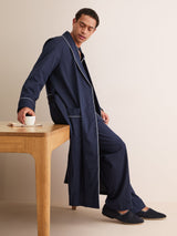 Derek Rose Royal Cotton Dressing Gown - Navy Pin Dot Stripe