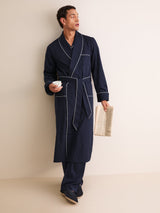 Derek Rose Royal Cotton Dressing Gown - Navy Pin Dot Stripe