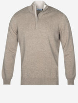Gran Sasso Wool and Cashmere Suede Trim Quarter-Zip Sweater Oatmeal