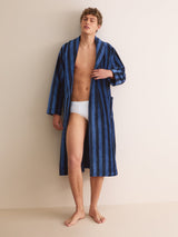Derek Rose Aston Cotton Velour Bathrobe - Blue & Navy Stripe