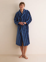 Derek Rose Aston Cotton Velour Bathrobe - Blue & Navy Stripe