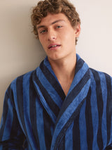Derek Rose Aston Cotton Velour Bathrobe - Blue & Navy Stripe