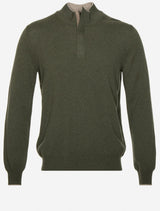 Gran Sasso Wool and Cashmere Suede Trim Quarter-Zip Sweater Dark Olive