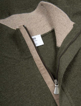 Gran Sasso Wool and Cashmere Suede Trim Quarter-Zip Sweater Dark Olive