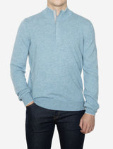 Gran Sasso Wool and Cashmere Suede Trim Quarter-Zip Sweater Blue