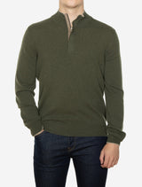Gran Sasso Wool and Cashmere Suede Trim Quarter-Zip Sweater Dark Olive